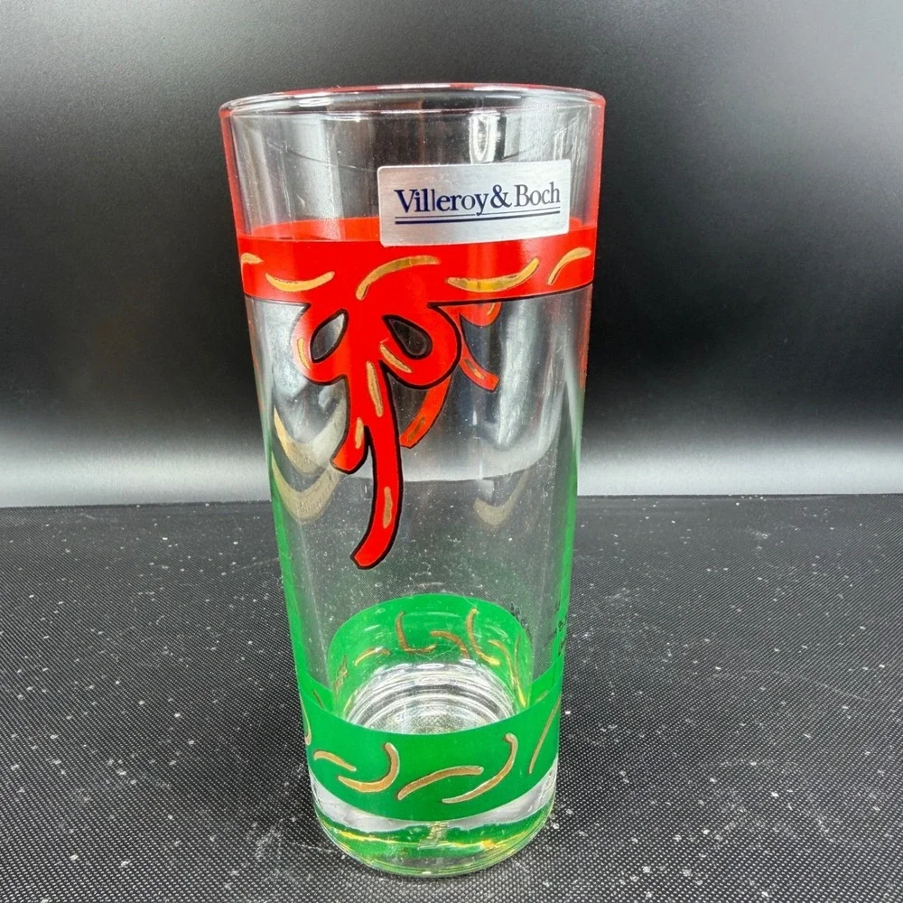 Villeroy & Boch Christmas Highball Glasses Set‎ 4 Red Ribbon Green France NEW